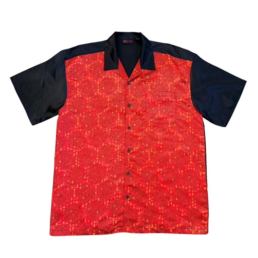 In Pain Dragon Print Button Up Shirt Kanji Red Black XXXL Rayon Blend Mens